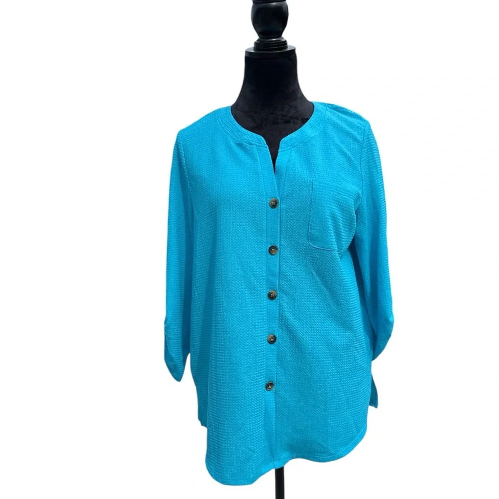 Floral & Ivy Women’s Turquoise Button-Up Blouse, Size M – Lightweight Casual Top